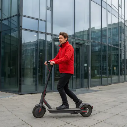 The same courier and scooter outside the same building, framed square with the figure centred and equal space either side.