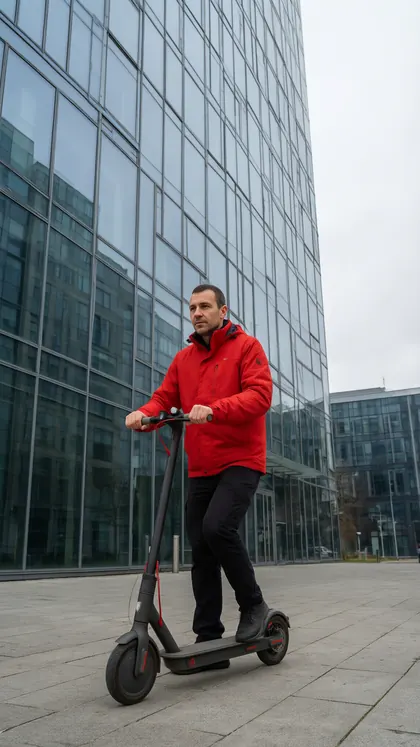 A courier in a red jacket stepping off an electric scooter outside a glass office building, framed vertically with the figure filling the height of the frame.