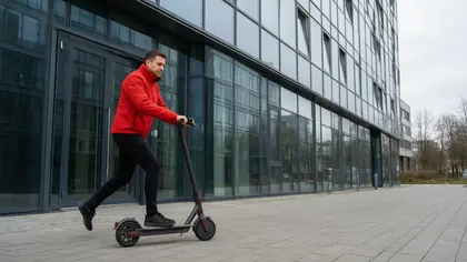 The same courier and scooter outside the same building, framed widescreen with the length of the building running across the frame.